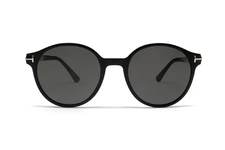 عینک آفتابی گرد تام فورد با بدنه مشکی و عدسی خاکستری - زاویه روبرو
