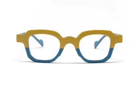 عینک طبی خاص مربعی دو رنگ آبی زرد - زاویه روبرو